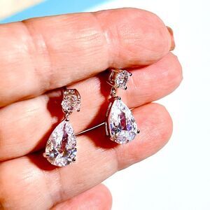 Silver Polished CZ Pear Shaped Post Dangle Earrings Celebrity GLAM New